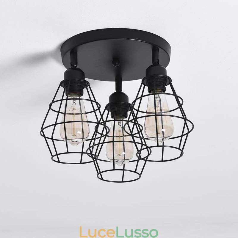 Lampada da soffitto industriale a filo con 3 luci, lampada da soffitto a gabbia in metallo