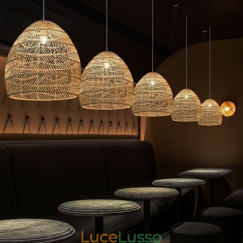Lampada a sospensione intrecciata a mano in rattan, lampada a sospensione, fattoria