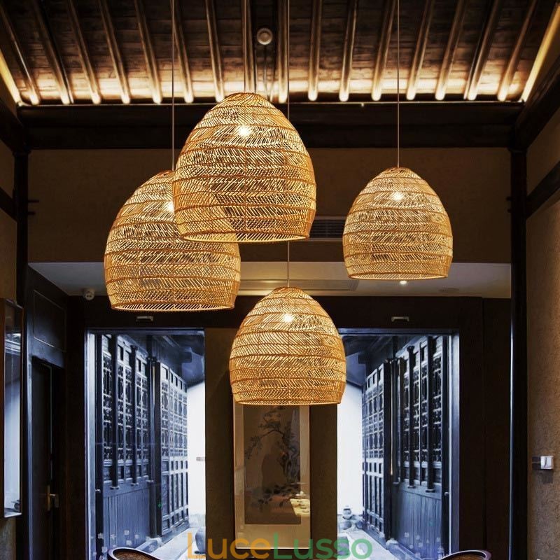 Lampada a sospensione intrecciata a mano in rattan, lampada a sospensione, fattoria