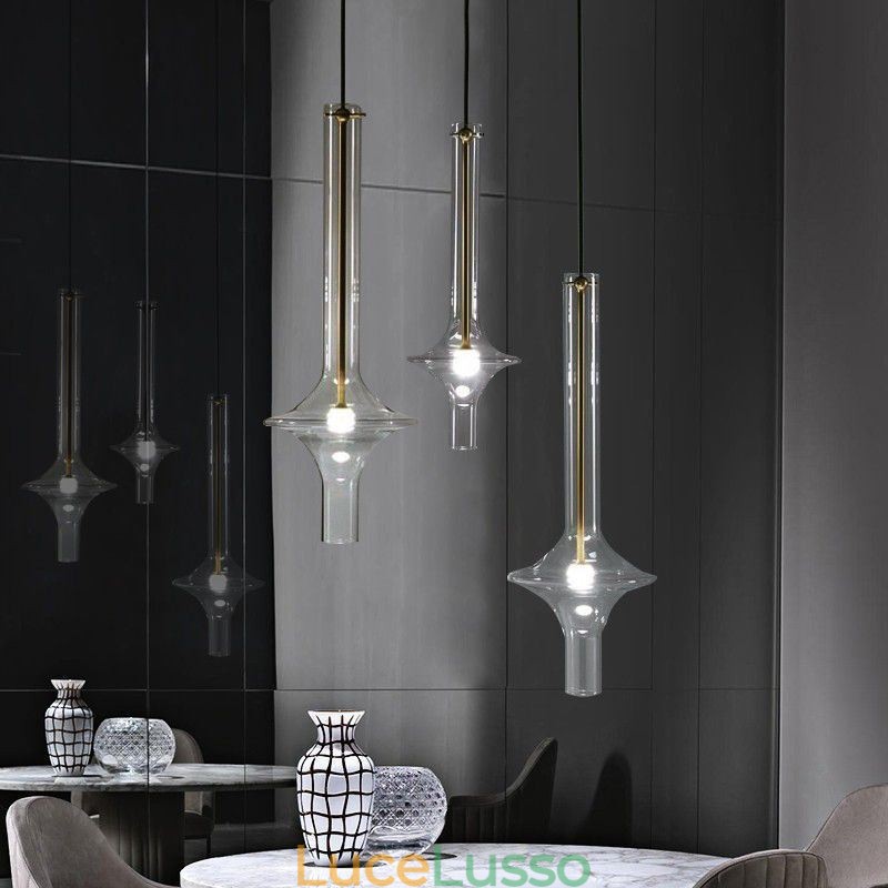 Lampada a sospensione in tubo di vetro, moderna e minimalista, in ferro battuto