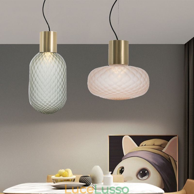 Lampada a sospensione in vetro a griglia Lampada da soffitto moderna in ferro semplice