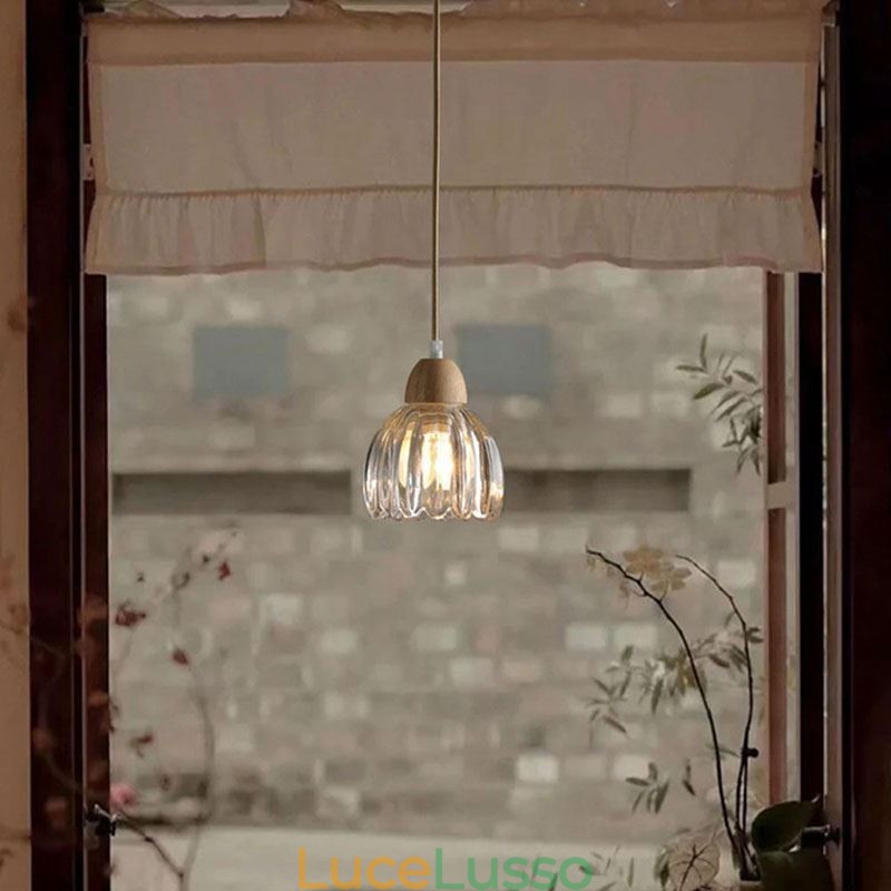 Lampada a sospensione in vetro, stile pastorale retrò, lampada da soffitto a isola, lampada decorativa in legno di gomma