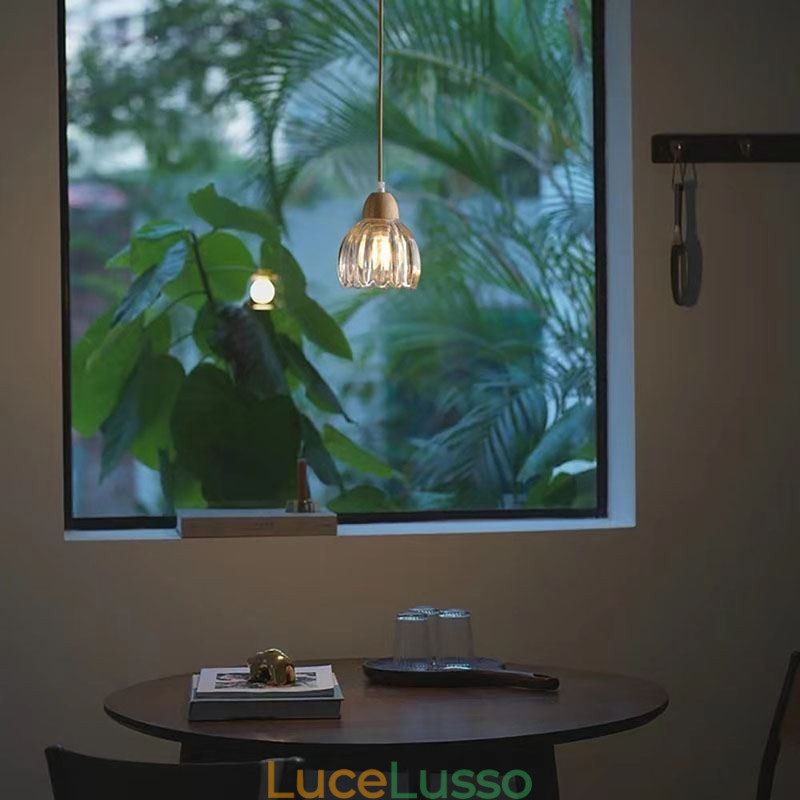 Lampada a sospensione in vetro, stile pastorale retrò, lampada da soffitto a isola, lampada decorativa in legno di gomma