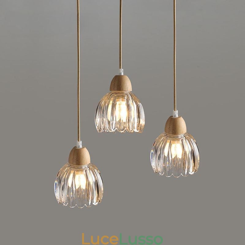 Lampada a sospensione in vetro, stile pastorale retrò, lampada da soffitto a isola, lampada decorativa in legno di gomma