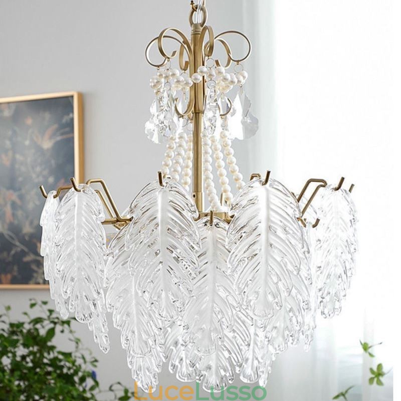 Elegante lampada a sospensione in vetro a forma di foglia