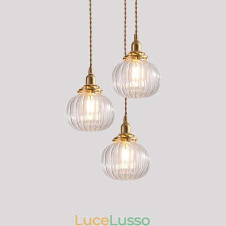 Lampada a sospensione in vetro trasparente a forma di zucca a coste rotonde, 1 luce Lampada a sospensione in vetro trasparente a forma di zucca a coste rotonde, 1 luce