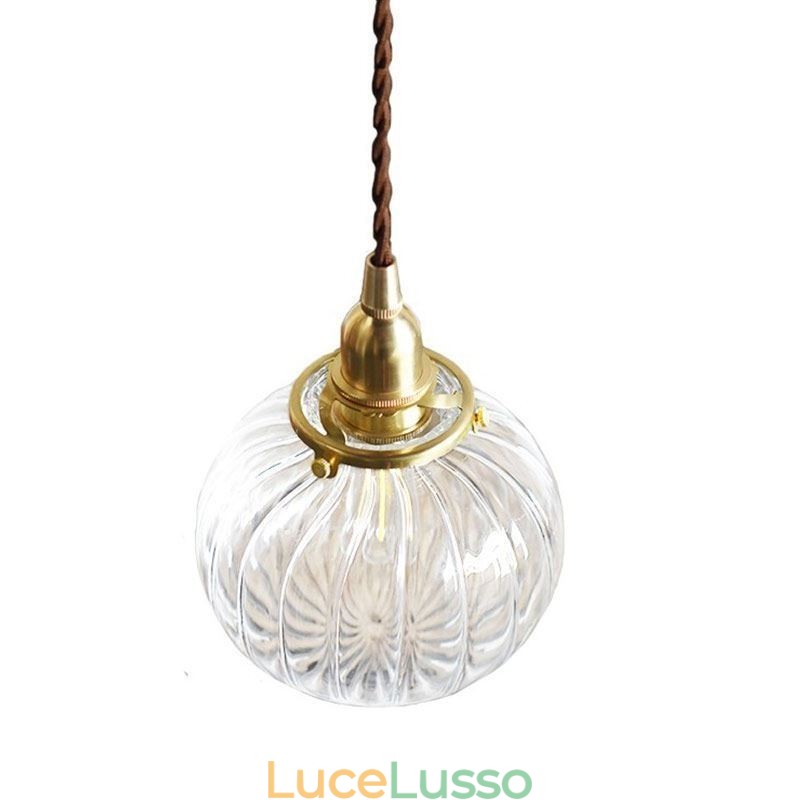 Lampada a sospensione in vetro trasparente a forma di zucca a coste rotonde, 1 luce