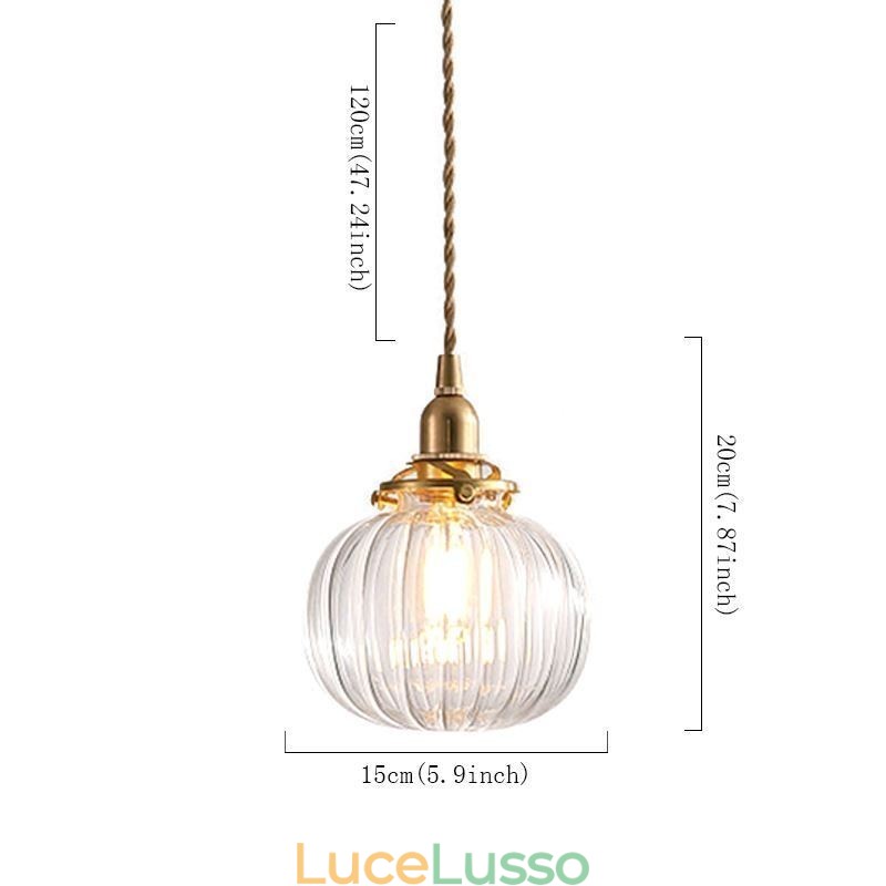 Lampada a sospensione in vetro trasparente a forma di zucca a coste rotonde, 1 luce