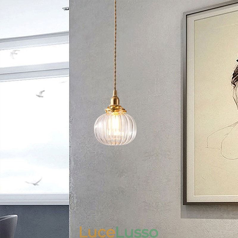 Lampada a sospensione in vetro trasparente a forma di zucca a coste rotonde, 1 luce