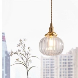 Lampada a sospensione in vetro trasparente a forma di zucca a coste rotonde, 1 luce