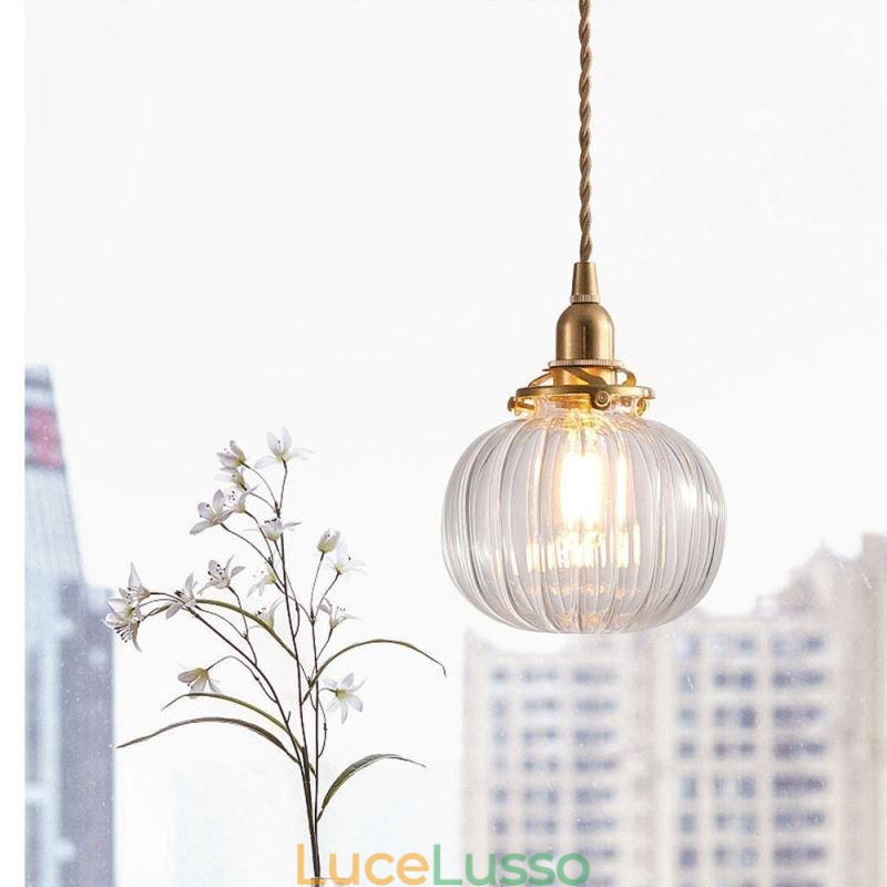 Lampada a sospensione in vetro trasparente a forma di zucca a coste rotonde, 1 luce