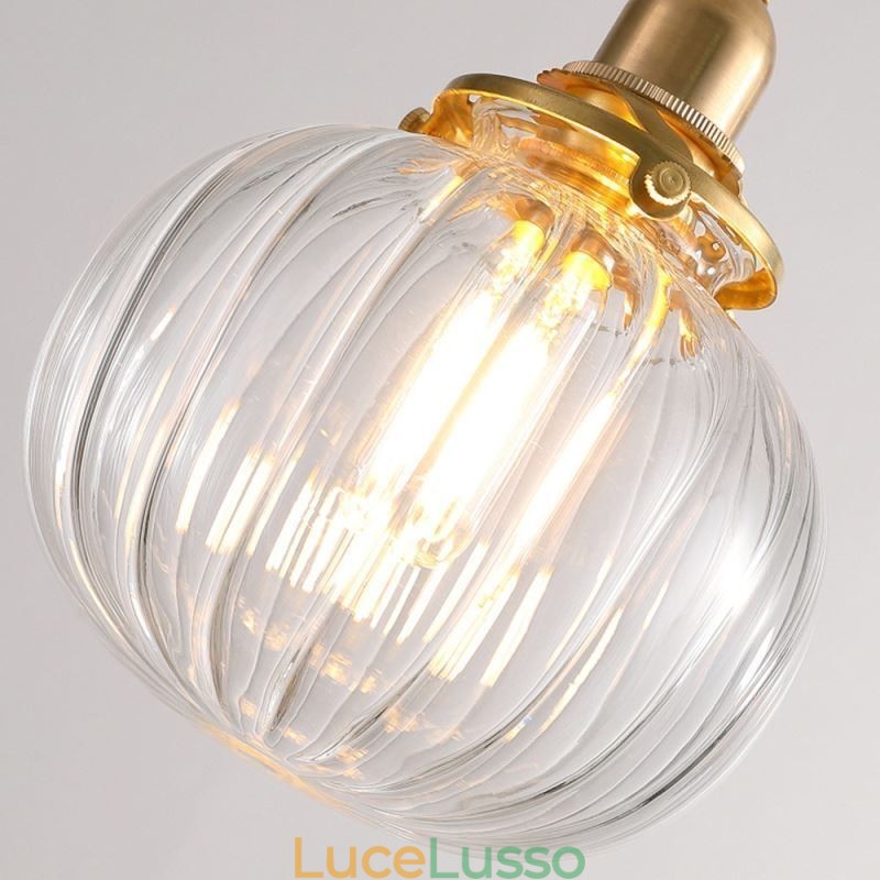Lampada a sospensione in vetro trasparente a forma di zucca a coste rotonde, 1 luce