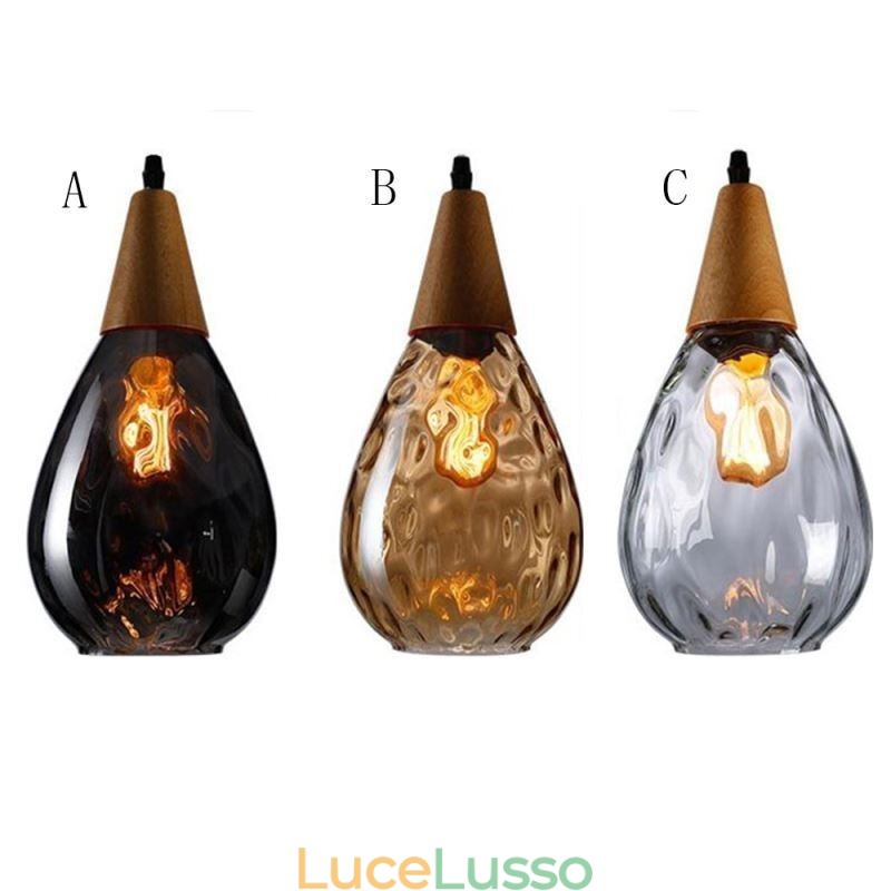 Lampada a sospensione con paralume in vetro a goccia