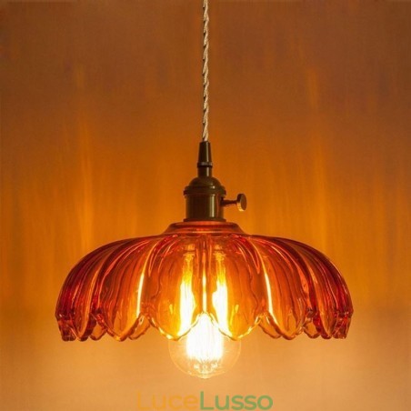Lampada a sospensione moderna retrò in vetro con paralume a forma di fiore e interruttore a torsione Lampada a sospensione moderna retrò in vetro con paralume a forma di fiore e interruttore a torsione