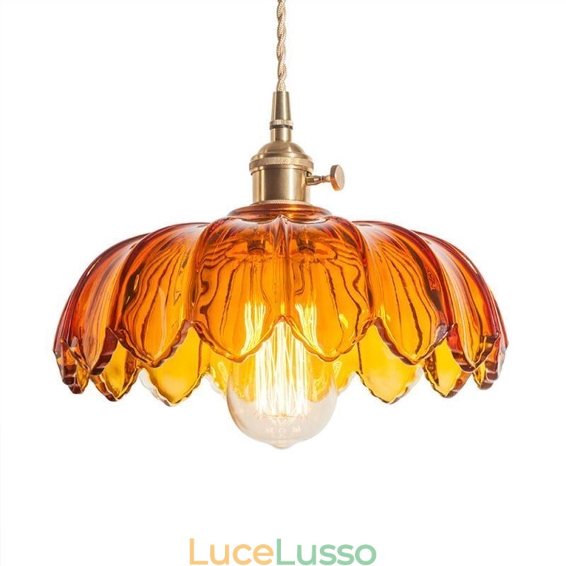 Lampada a sospensione moderna retrò in vetro con paralume a forma di fiore e interruttore a torsione