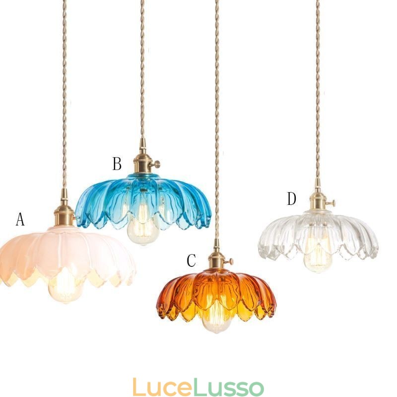 Lampada a sospensione moderna retrò in vetro con paralume a forma di fiore e interruttore a torsione