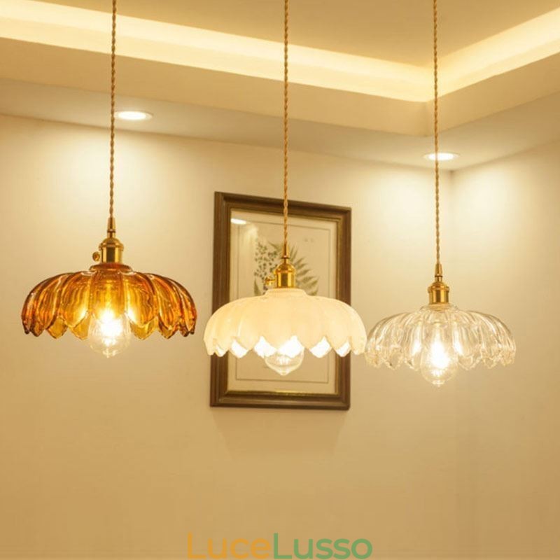 Lampada a sospensione moderna retrò in vetro con paralume a forma di fiore e interruttore a torsione