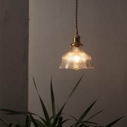 Lampada a sospensione a cupola grande in vetro trasparente rigato con supporto in ottone e interruttore a torsione