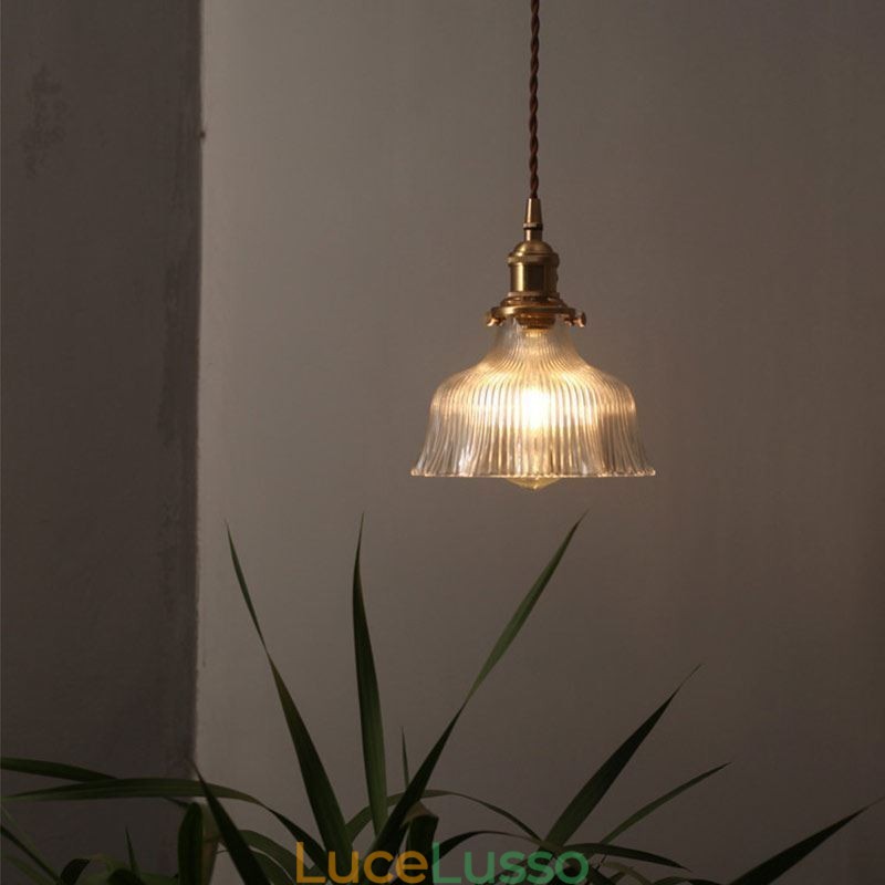 Lampada a sospensione a cupola grande in vetro trasparente rigato con supporto in ottone e interruttore a torsione