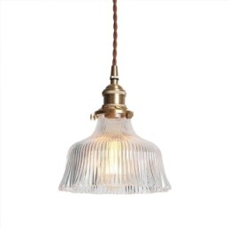 Lampada a sospensione a cupola grande in vetro trasparente rigato con supporto in ottone e interruttore a torsione