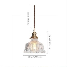 Lampada a sospensione a cupola grande in vetro trasparente rigato con supporto in ottone e interruttore a torsione