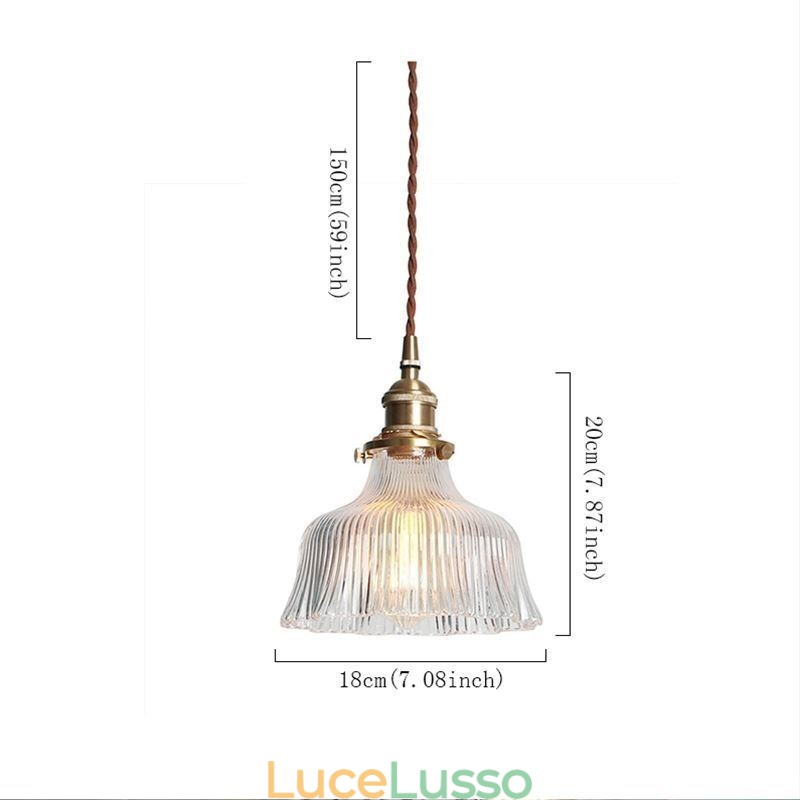 Lampada a sospensione a cupola grande in vetro trasparente rigato con supporto in ottone e interruttore a torsione