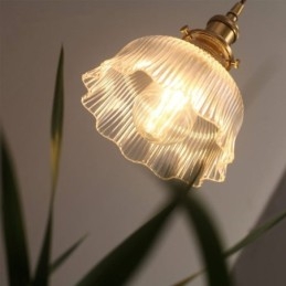 Lampada a sospensione a cupola grande in vetro trasparente rigato con supporto in ottone e interruttore a torsione