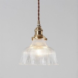 Lampada a sospensione a cupola grande in vetro trasparente rigato con supporto in ottone e interruttore a torsione