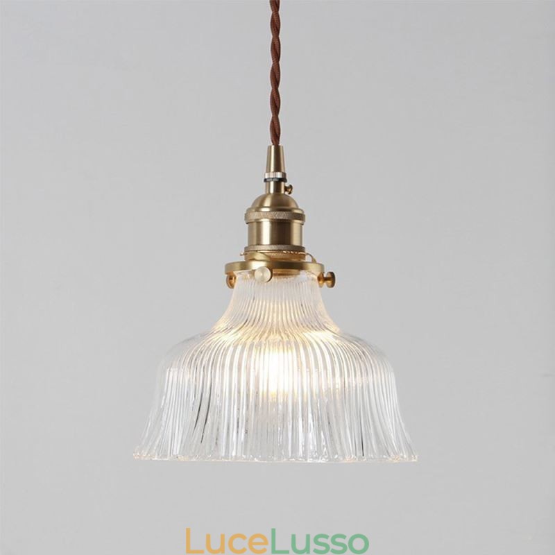 Lampada a sospensione a cupola grande in vetro trasparente rigato con supporto in ottone e interruttore a torsione