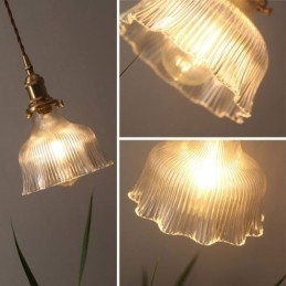 Lampada a sospensione a cupola grande in vetro trasparente rigato con supporto in ottone e interruttore a torsione