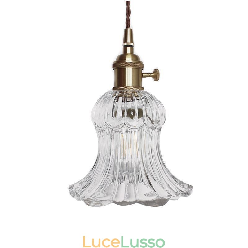 Lampada a sospensione in vetro trasparente a coste a forma di fiore con interruttore a torsione