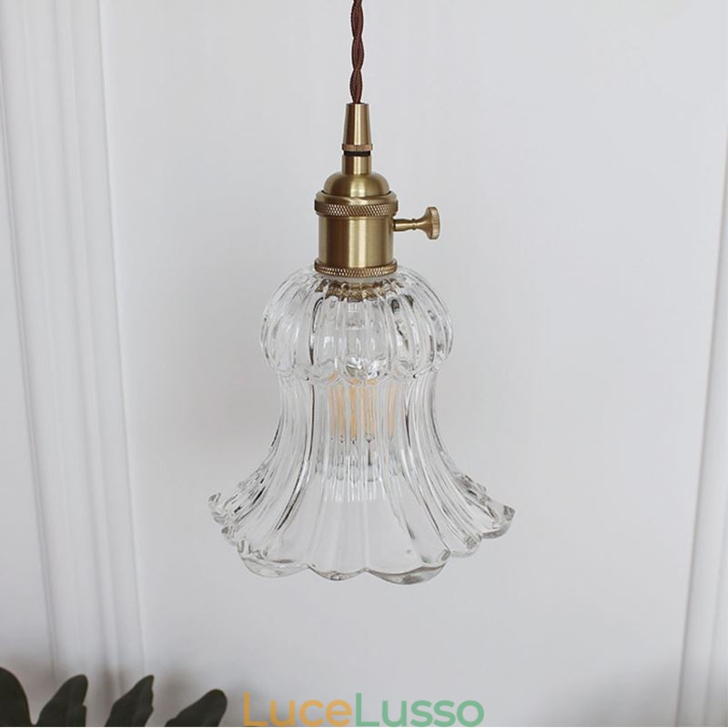 Lampada a sospensione in vetro trasparente a coste a forma di fiore con interruttore a torsione