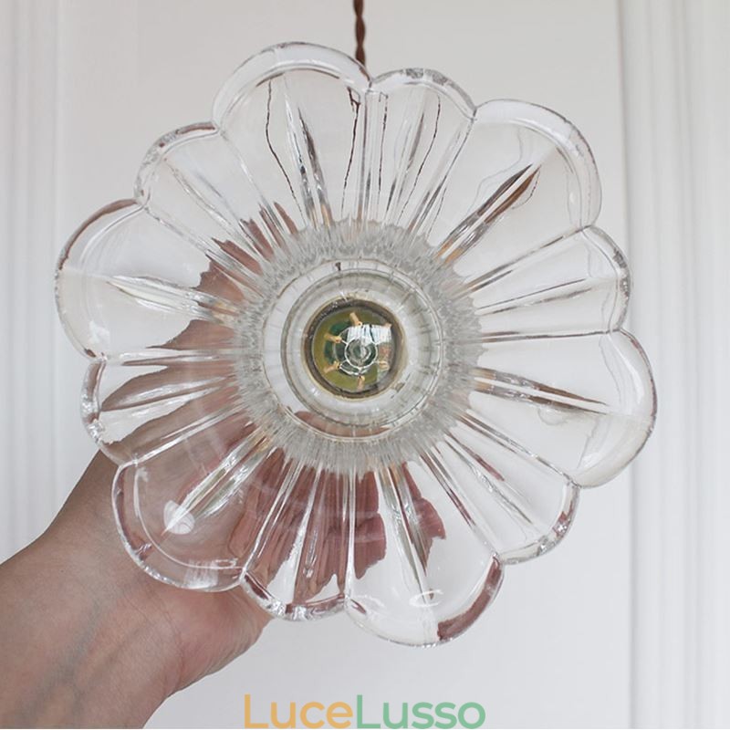 Lampada a sospensione in vetro trasparente a coste a forma di fiore con interruttore a torsione