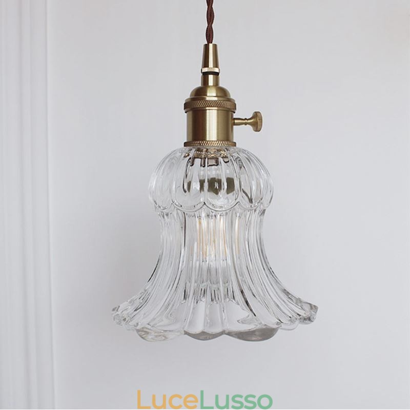 Lampada a sospensione in vetro trasparente a coste a forma di fiore con interruttore a torsione