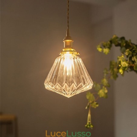 Lampada a sospensione in vetro a coste con diamante trasparente Lampada a sospensione in vetro a coste con diamante trasparente