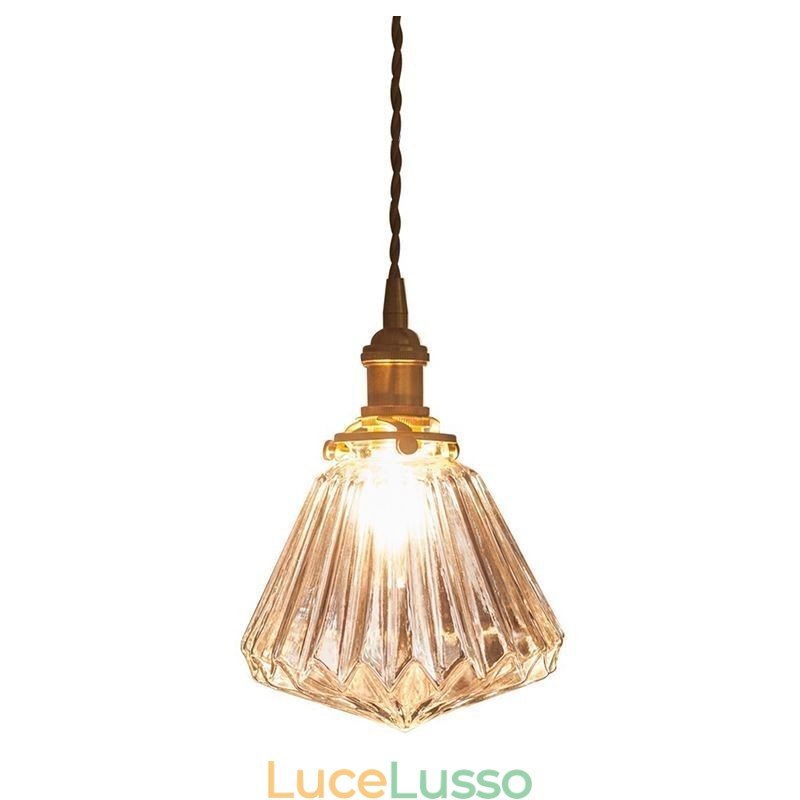 Lampada a sospensione in vetro a coste con diamante trasparente