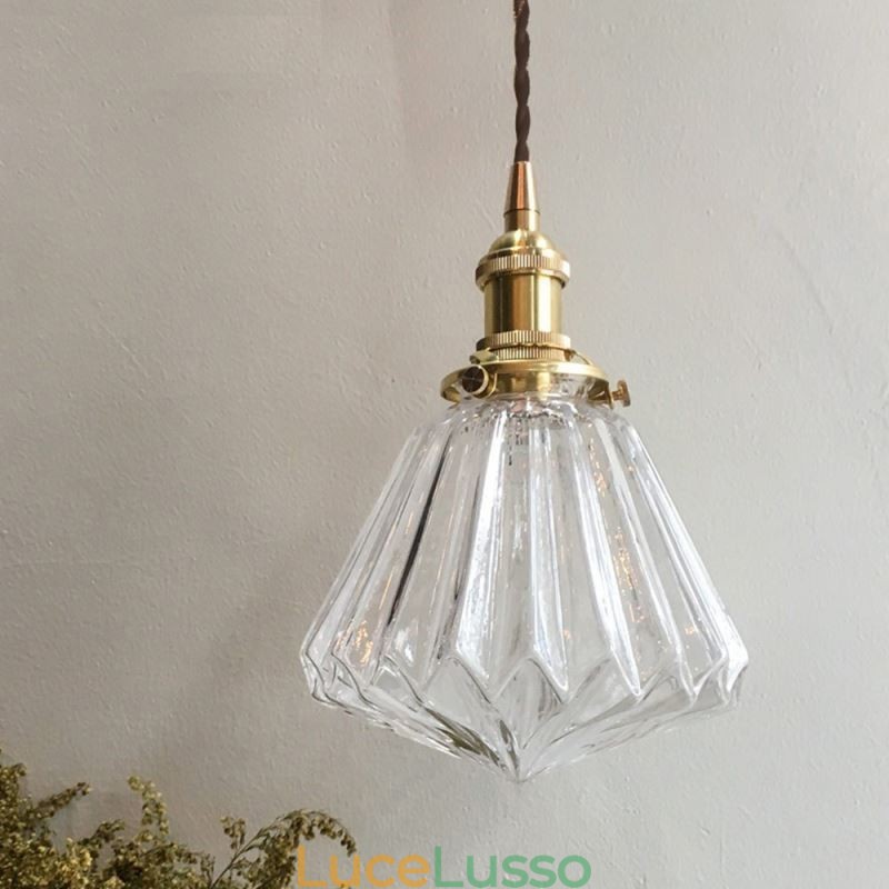 Lampada a sospensione in vetro a coste con diamante trasparente