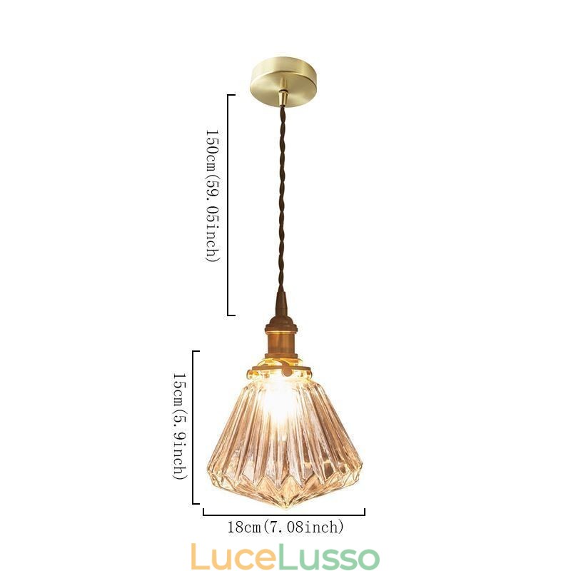 Lampada a sospensione in vetro a coste con diamante trasparente