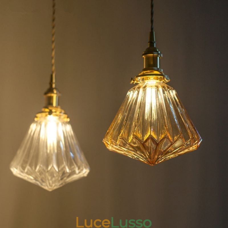 Lampada a sospensione in vetro a coste con diamante trasparente