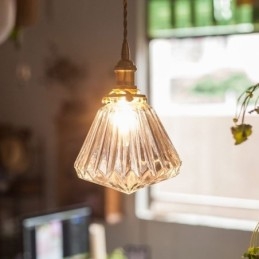 Lampada a sospensione in vetro a coste con diamante trasparente