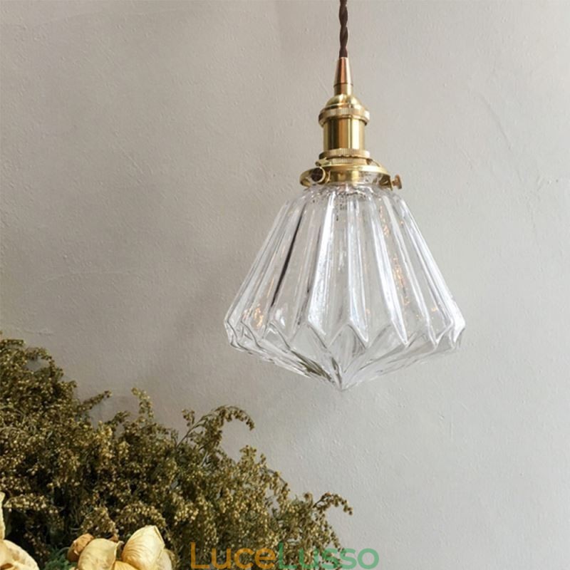 Lampada a sospensione in vetro a coste con diamante trasparente