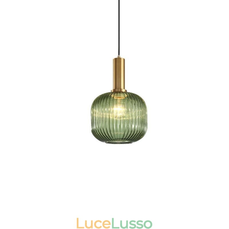 Lampada a sospensione in vetro rigato con supporto in ottone