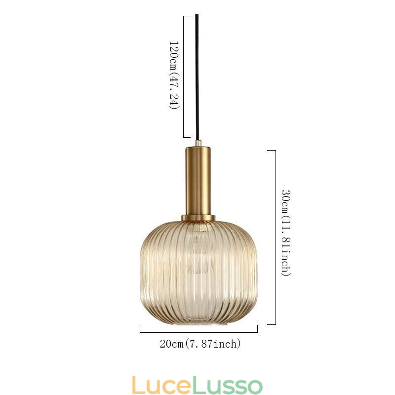 Lampada a sospensione in vetro rigato con supporto in ottone