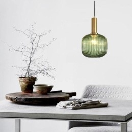 Lampada a sospensione in vetro rigato con supporto in ottone