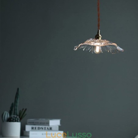 Lampada a sospensione in vetro trasparente a coste con foglia di loto, lampada da soggiorno Lampada a sospensione in vetro trasparente a coste con foglia di loto, lampada da soggiorno