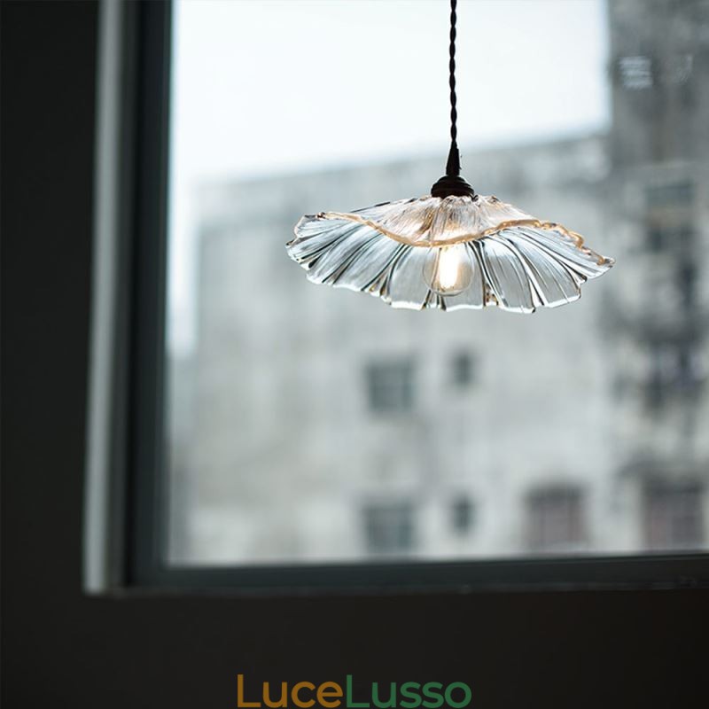 Lampada a sospensione in vetro trasparente a coste con foglia di loto, lampada da soggiorno