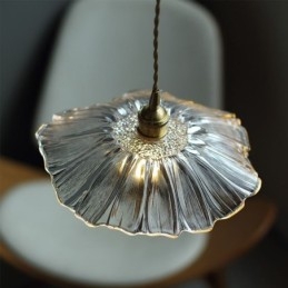 Lampada a sospensione in vetro trasparente a coste con foglia di loto, lampada da soggiorno