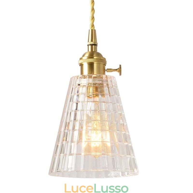 Lampada a sospensione quadrata in vetro trasparente a coste, lampada in ottone con interruttore a torsione