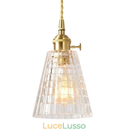 Lampada a sospensione quadrata in vetro trasparente a coste, lampada in ottone con interruttore a torsione