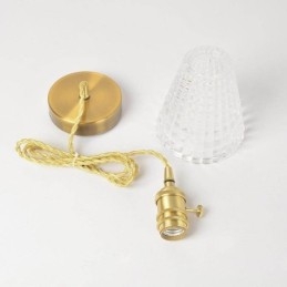 Lampada a sospensione quadrata in vetro trasparente a coste, lampada in ottone con interruttore a torsione